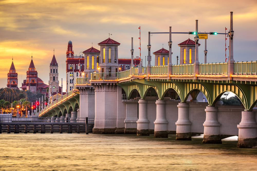 St. Augustine, Florida, USA city skyline and Bridge of Lions.